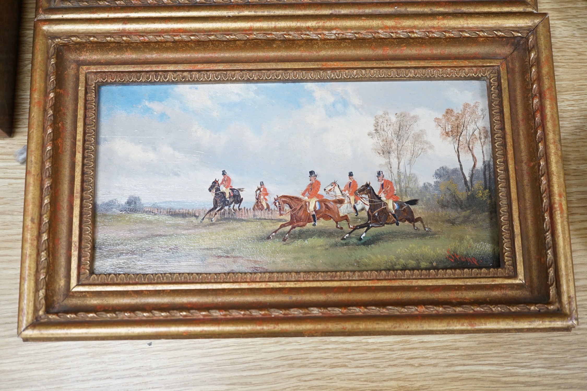 Robert Stone (1820-1870), pair of oils on panel, Hunting scenes, signed, 12 x 25cm